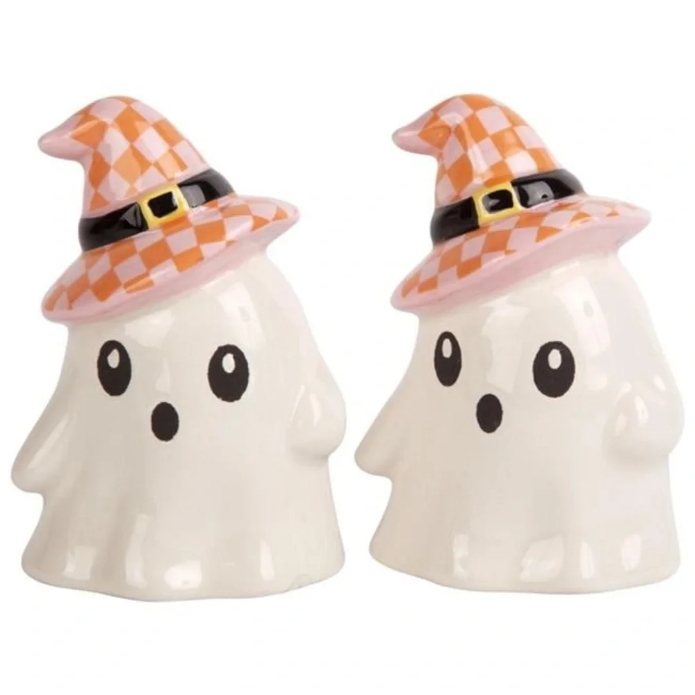 Spooky Street 3.1” Set of Ghosts with Witch’s Hat Salt & Pepper Shakers NIB